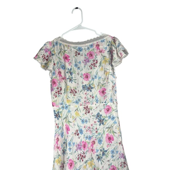 Gap Lace-Trim V-Neck Crepe Maxi Dress Small White Floral Pink Blue Cottagecore - Picture 8 of 11